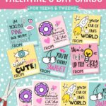 Free Printable Valentine's Day Cards For Teens & Tweens featuring donuts, rocket ships, cherries, flamingos and more.