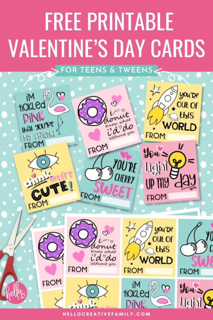 Free Printable Valentine's Day Cards For Teens & Tweens featuring donuts, rocket ships, cherries, flamingos and more.