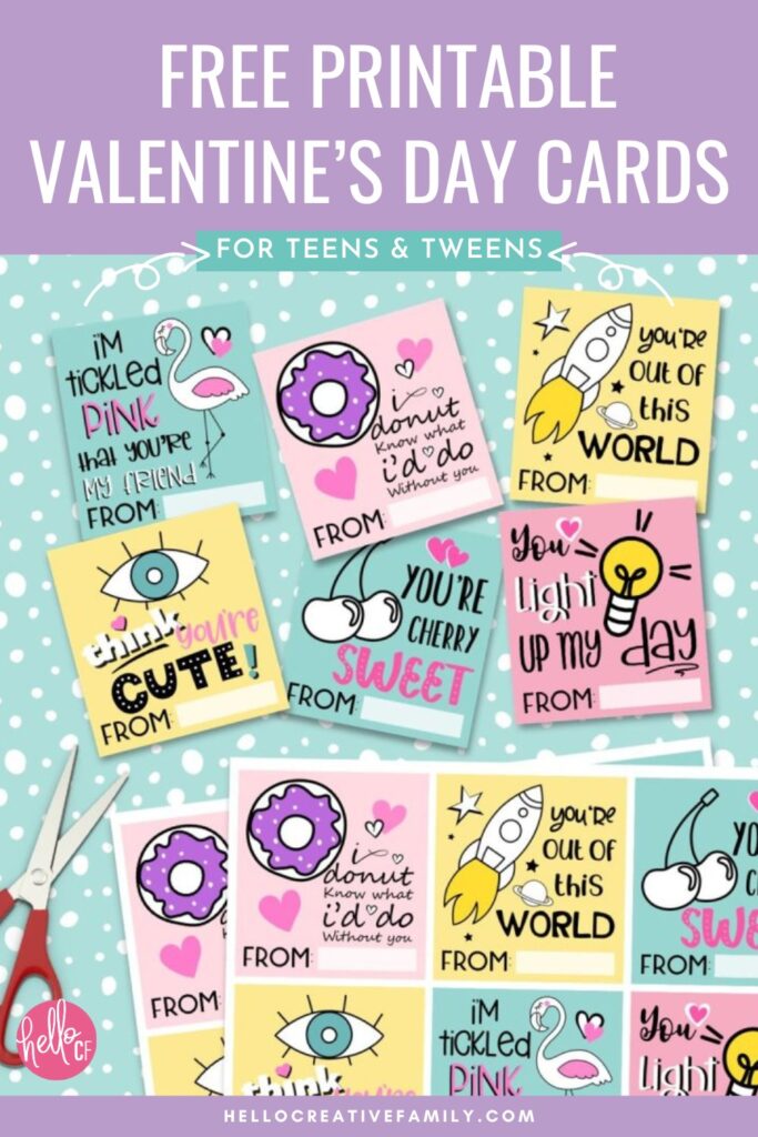 Free Printable Valentine's Day Cards For Teens & Tweens featuring donuts, rocket ships, cherries, flamingos and more.