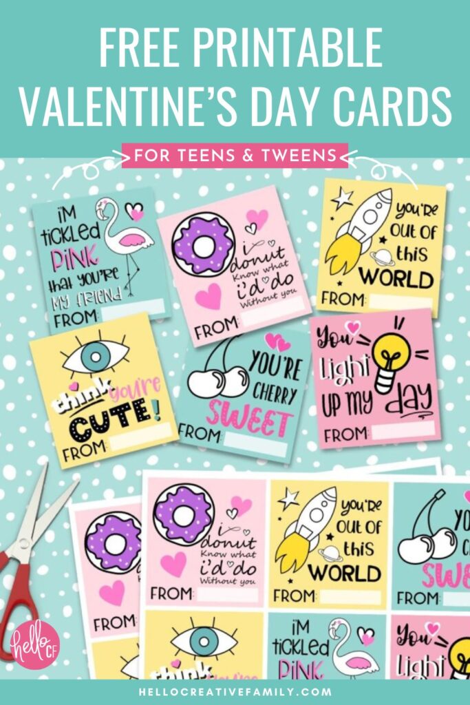 Free Printable Valentine's Day Cards For Teens & Tweens featuring donuts, rocket ships, cherries, flamingos and more.