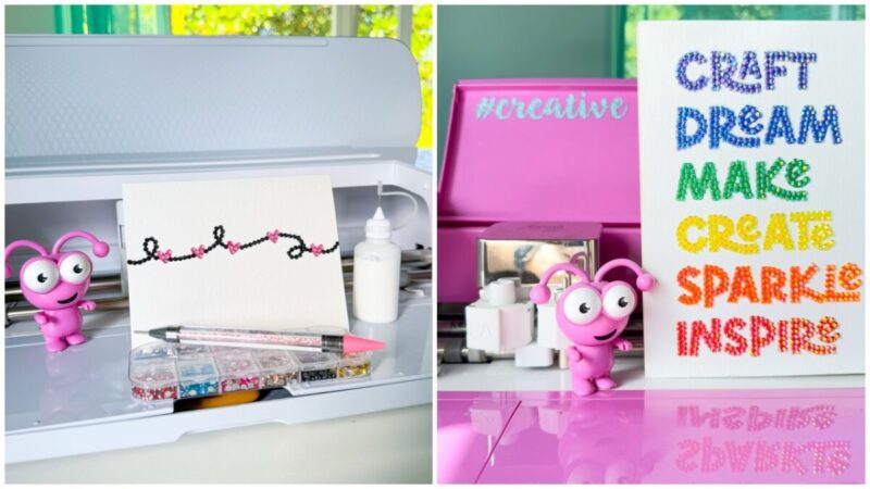 Two Cricut Rhinestone Projects- A rainbow Craft Room Sign and a Blinged Card With Hearts