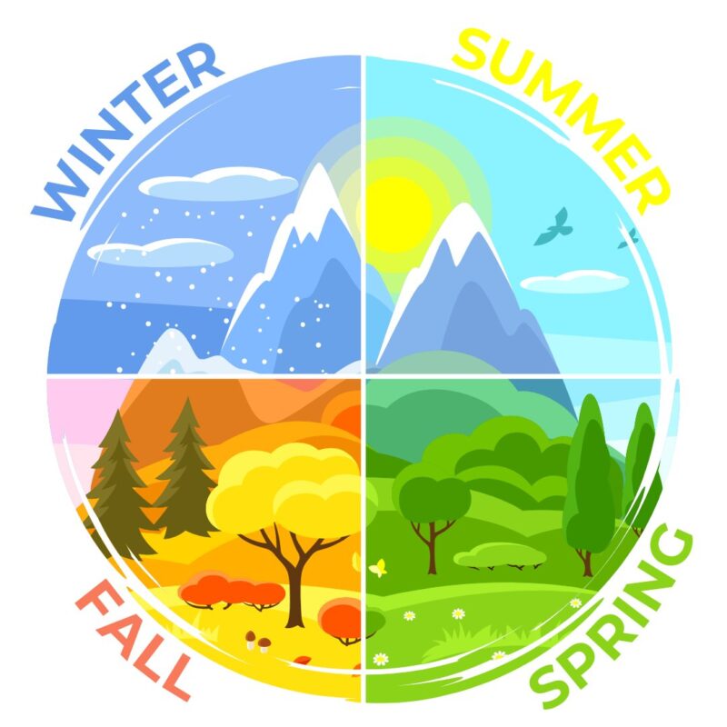 Circle with each of the four seasons represented surrounded by the words Winter Summer Spring Fall.