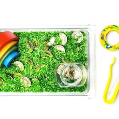 St Patrick's Day Pot of Gold Sensory Bin by Finding Myself Young
