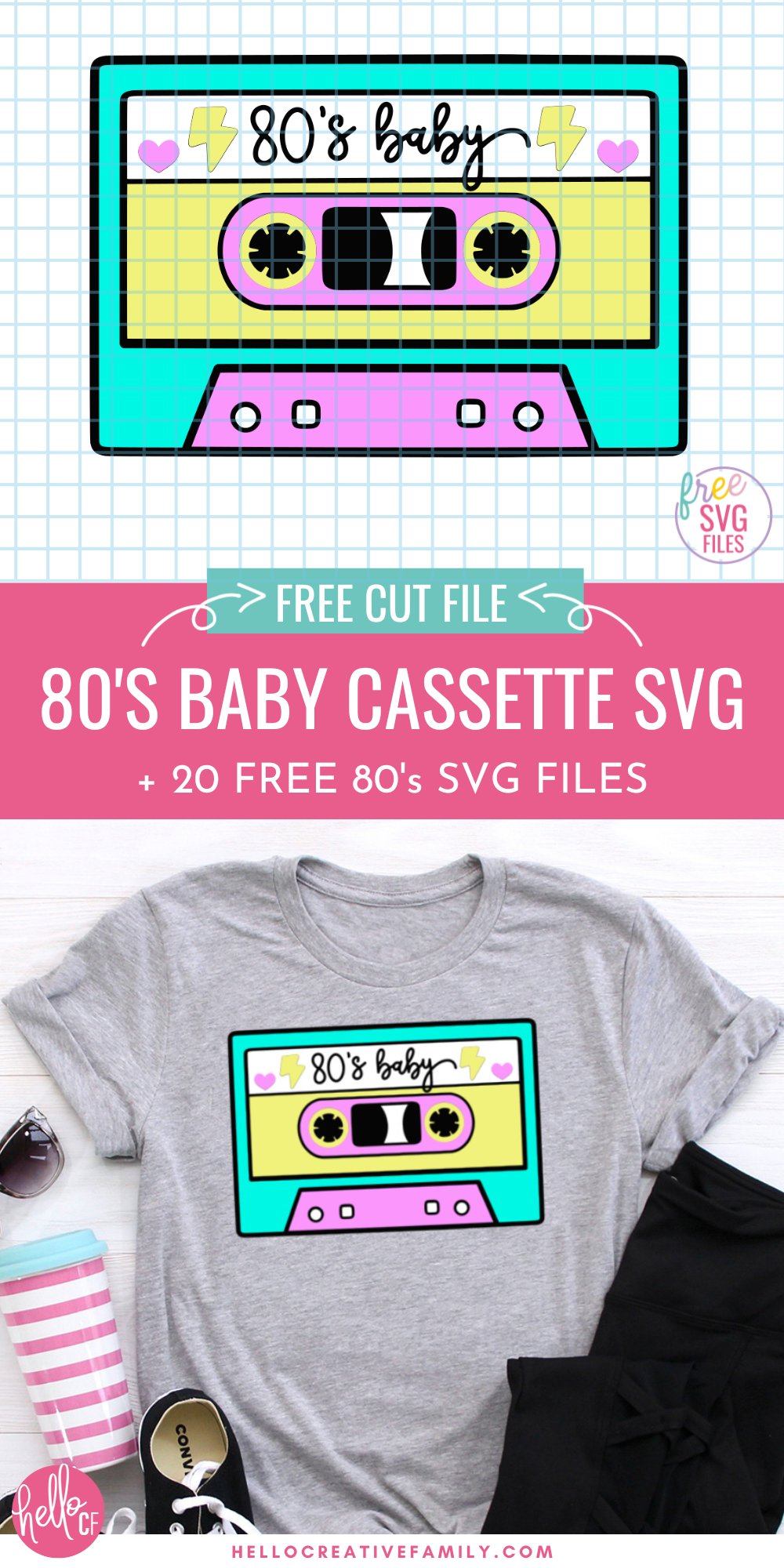 Take a trip back to the 80s with these 20 Free 80s SVG Files! From neon cassette tapes to rad retro designs, these Cricut & Silhouette cut files are perfect for t-shirts, stickers, and party decor. Grab my free "80s Baby" cassette tape SVG and check out all the other designs in this nostalgic SVG hop!