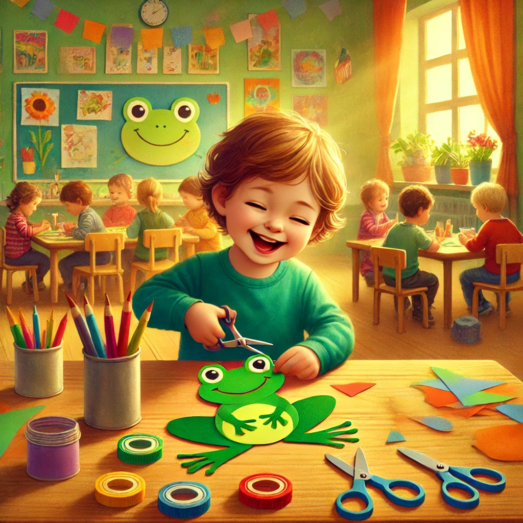 Child crafting frog crafts in classroom