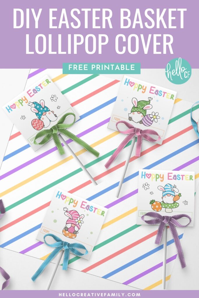 Easter Basket Printable: Free Printable Easter Tags for Lollipops- Adorable Easter Gnome Lollipop Covers with lollipops laying on top of piece of scrapbook paper with pastel stripes.
