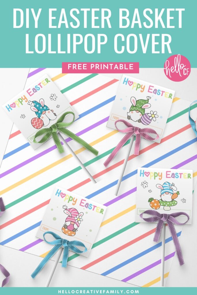 Easter Basket Printable: Free Printable Easter Tags for Lollipops- Adorable Easter Gnome Lollipop Covers with lollipops laying on top of piece of scrapbook paper with pastel stripes.