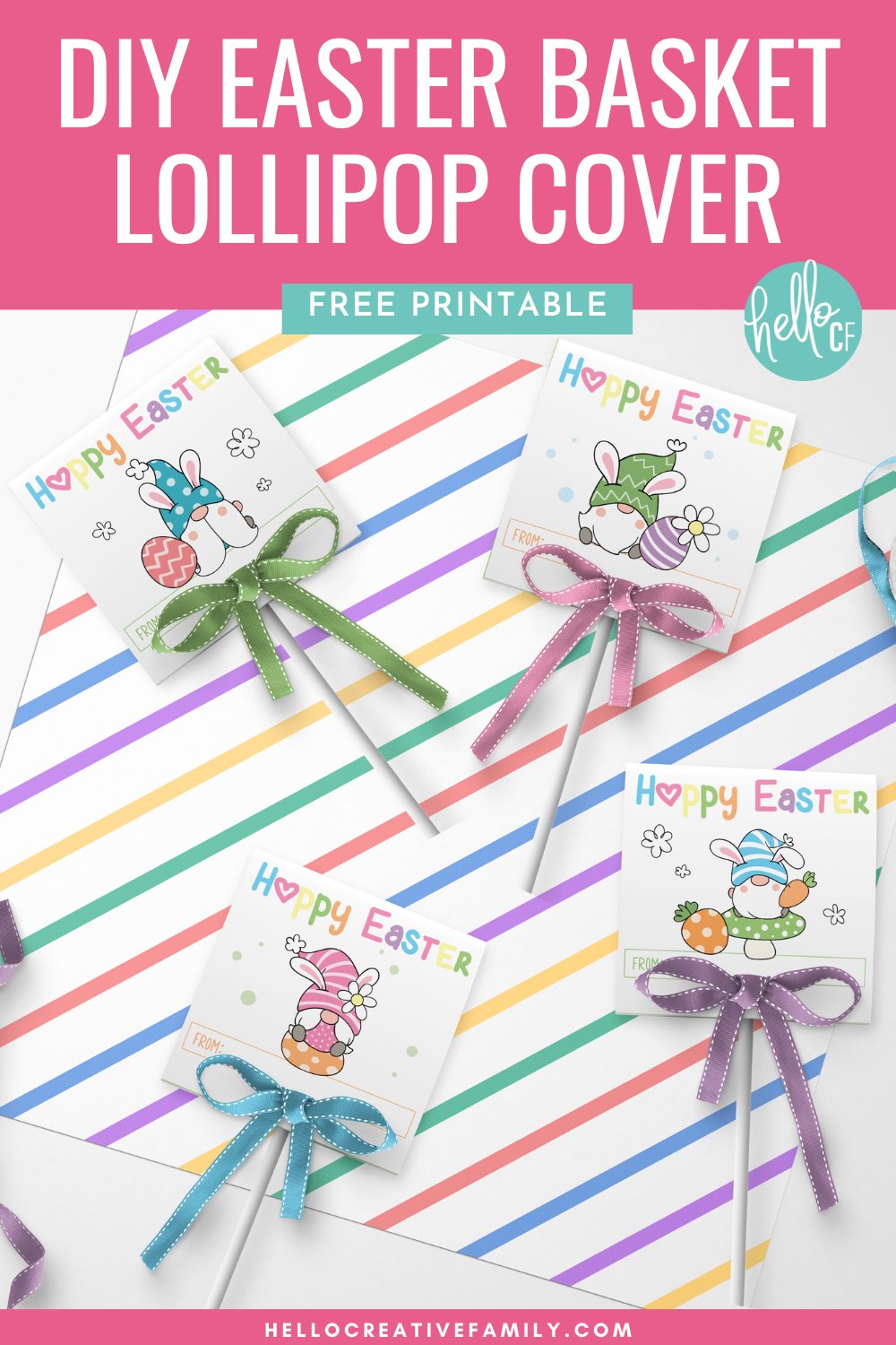 Easter Basket Printable: Free Printable Easter Tags for Lollipops- Adorable Easter Gnome Lollipop Covers with lollipops laying on top of piece of scrapbook paper with pastel stripes.