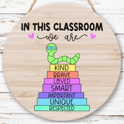 Classroom sign that reads "In This Classroom We Are Kind, Brave, Loved, Smart, Important, Unique, Respected." The words of affirmation are on a stack of books with a bookworm posed on top.