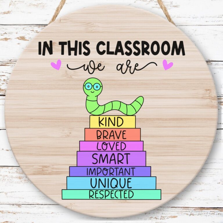 Classroom sign that reads "In This Classroom We Are Kind, Brave, Loved, Smart, Important, Unique, Respected." The words of affirmation are on a stack of books with a bookworm posed on top.