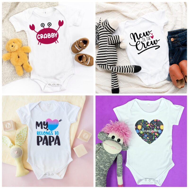 Four Infusible Ink Onesies designed by Hello Creative Family- Crabby, New To The Crew, My Heart Belongs To Papa and Homegrown