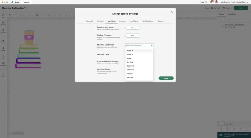 Cricut Machine Calibration Screen