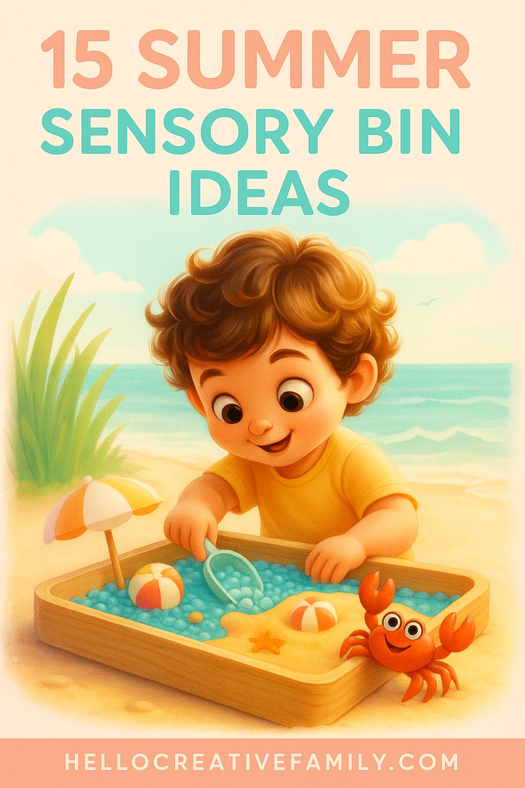 Child at beach playing with a summer sensory bin. Text reads 15 Summer Sensory Bin Ideas