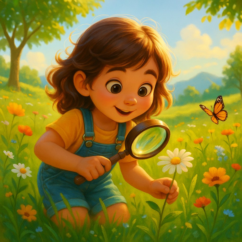 Child with magnifying glass in field