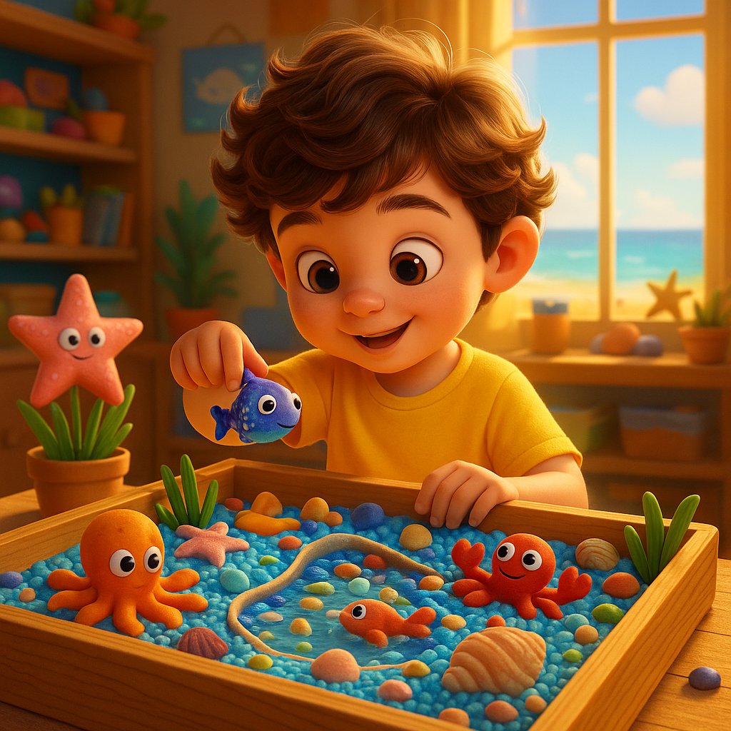 Child with summer sensory bin
