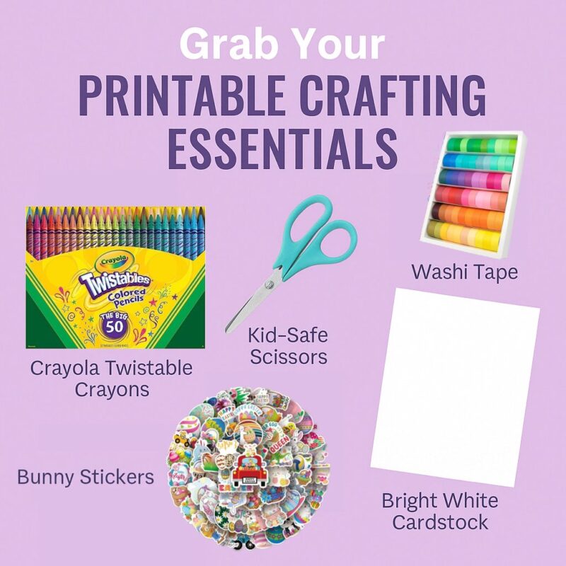 Kids Printable Crafting Essentials- Twistable Crayons, scissors, washi tape, paper and stickers
