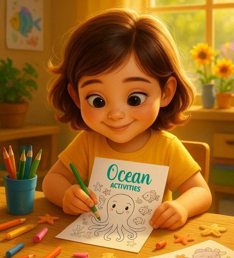 Girl with summer printables at craft table