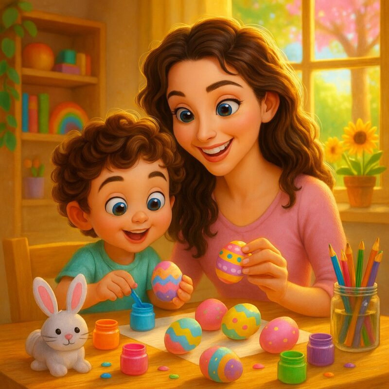 Mom and Child Painting Easter Eggs In Craft Room