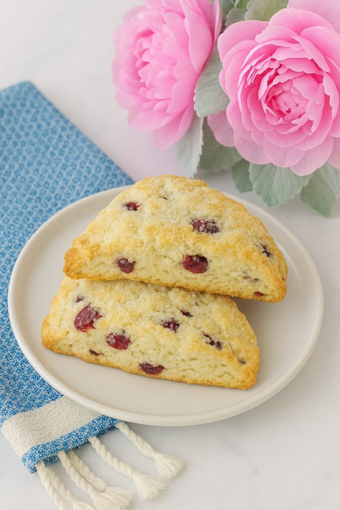Two scones sitting on a white plate with a blue towel and pink flowers. 20 Minute Start To Finish Scone Recipe for Two... or One