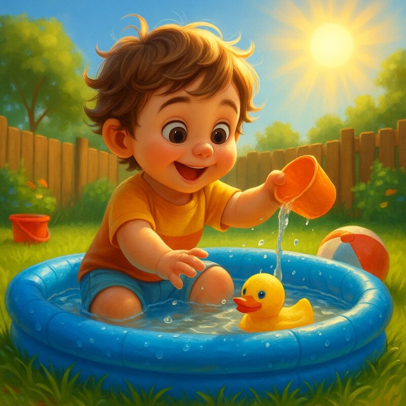 Child partaking in summer sensory play in a baby pool playing with water.