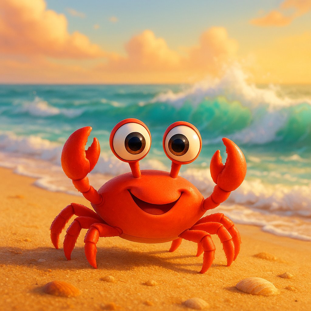 Crab on beach with ocean waves crashing behind