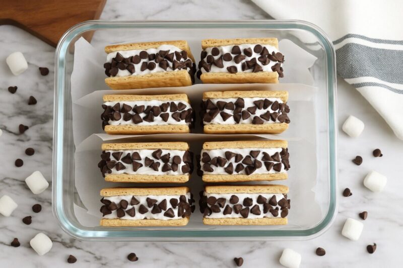 Frozen s'mores in a glass container, separated by wax paper for freezing.