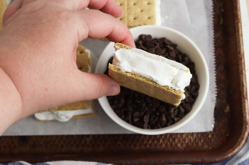 Step 4: Add chocolateDip or roll the sides of each sandwich into mini chocolate chips until fully coated.