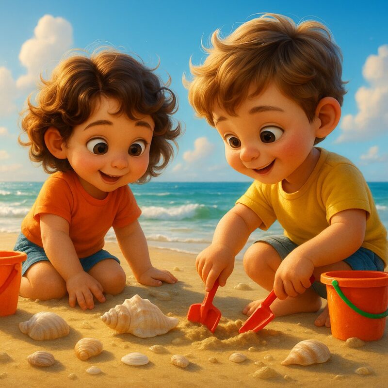 Two children playing with shovels and sea shells by the ocean.