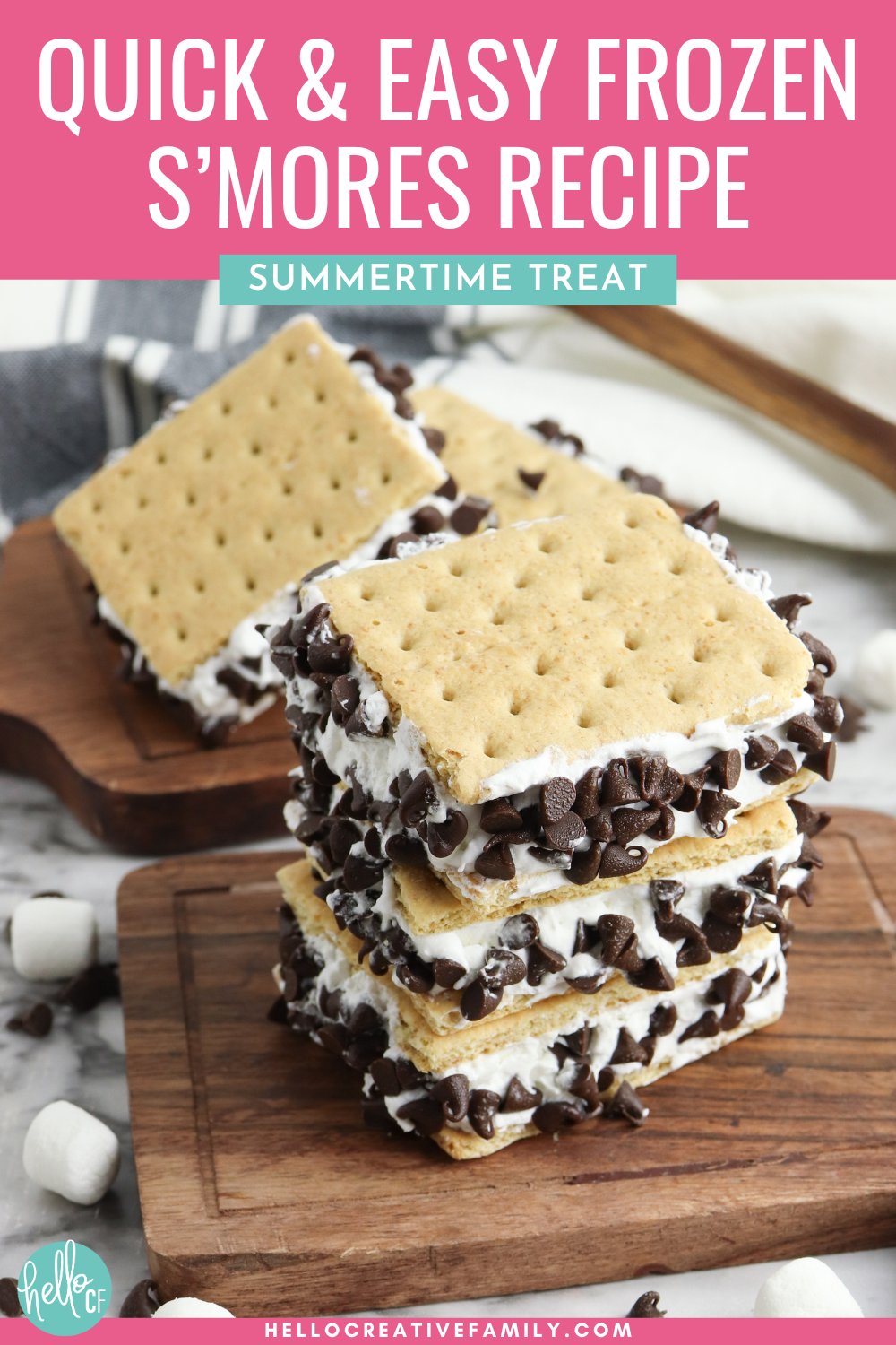 Cool off with this Frozen S&rsquo;mores Recipe! A quick and easy summertime treat your whole family will love! With just a few simple ingredients like marshmallows, whipped topping, and graham crackers, these no-bake frozen sandwiches are perfect for hot days, BBQs, and backyard fun.