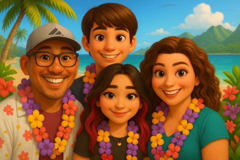Animated image of Hello Creative Family on beach.