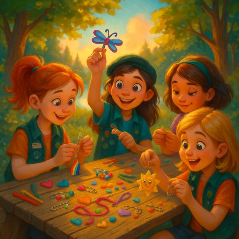 Four smiling Girl Scouts crafting SWAPS at a wooden picnic table, surrounded by colorful beads, pipe cleaners, felt shapes, and safety pins, in a sunny outdoor camp setting.