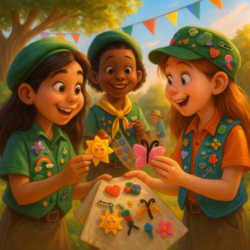 hree Girl Scouts happily trading handmade SWAPS at an outdoor troop event, displaying crafts like felt butterflies and sunshine pins on a cloth background under colorful pennant flags.