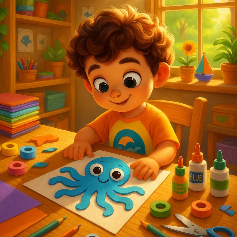 Child in craft room making an octopus craft