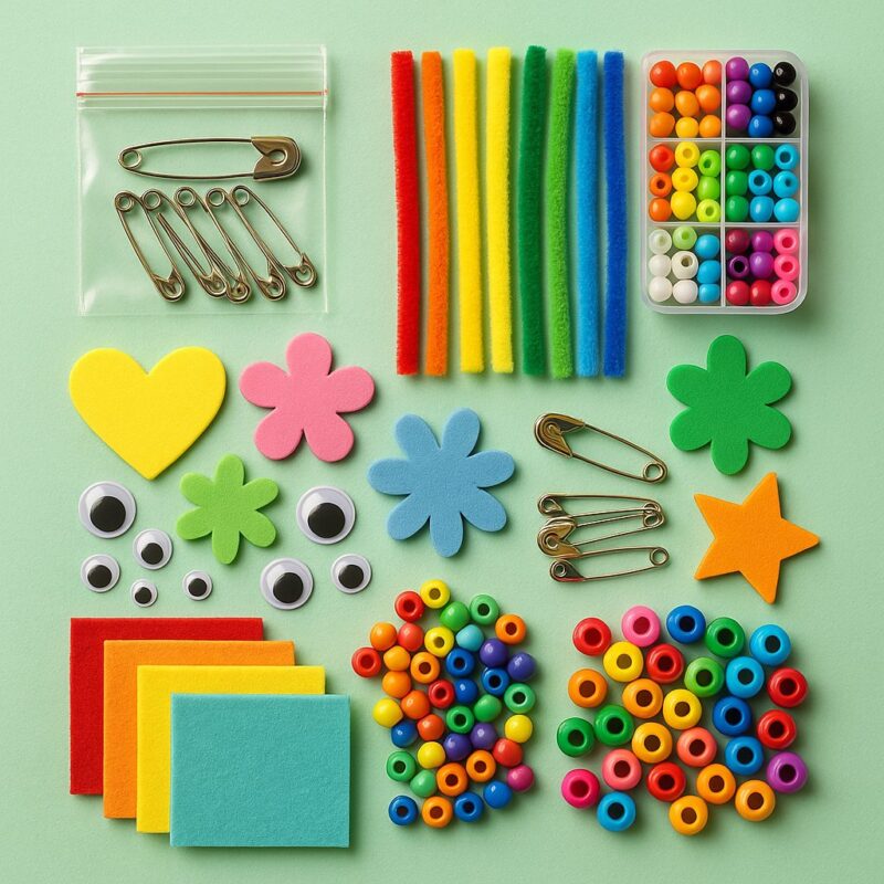 Flat lay of colorful Girl Scout SWAPS supplies on a green background, including pipe cleaners, felt shapes, pony beads, googly eyes, safety pins, and craft foam squares.