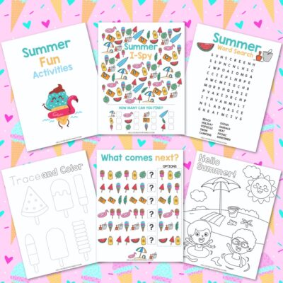Keep kids entertained all summer long with these free printable summer activity sheets! Includes a word search, summer I-spy, tracing page, coloring sheet & pattern recognition worksheet. Print, laminate & use again and again—perfect for road trips, plane rides & screen-free fun!