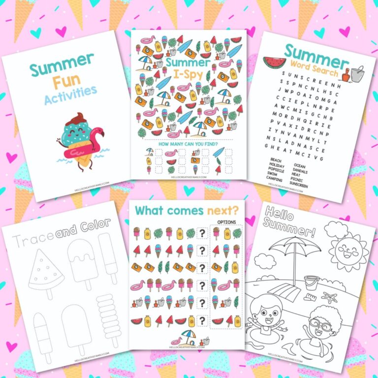 Keep kids entertained all summer long with these free printable summer activity sheets! Includes a word search, summer I-spy, tracing page, coloring sheet & pattern recognition worksheet. Print, laminate & use again and again—perfect for road trips, plane rides & screen-free fun!