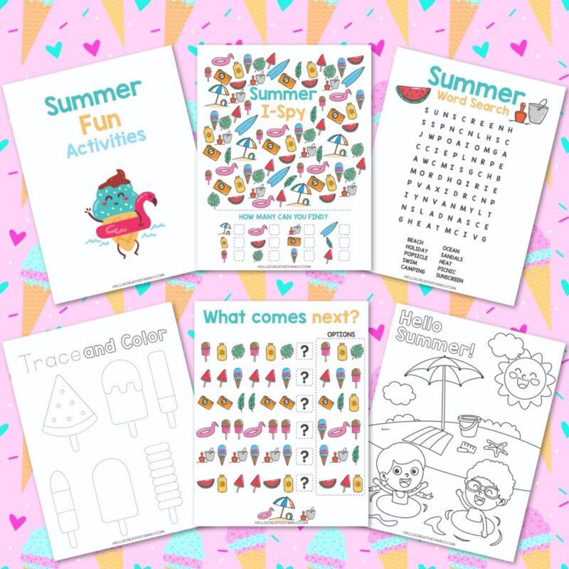Keep kids entertained all summer long with these free printable summer activity sheets! Includes a word search, summer I-spy, tracing page, coloring sheet & pattern recognition worksheet. Print, laminate & use again and again&mdash;perfect for road trips, plane rides & screen-free fun!