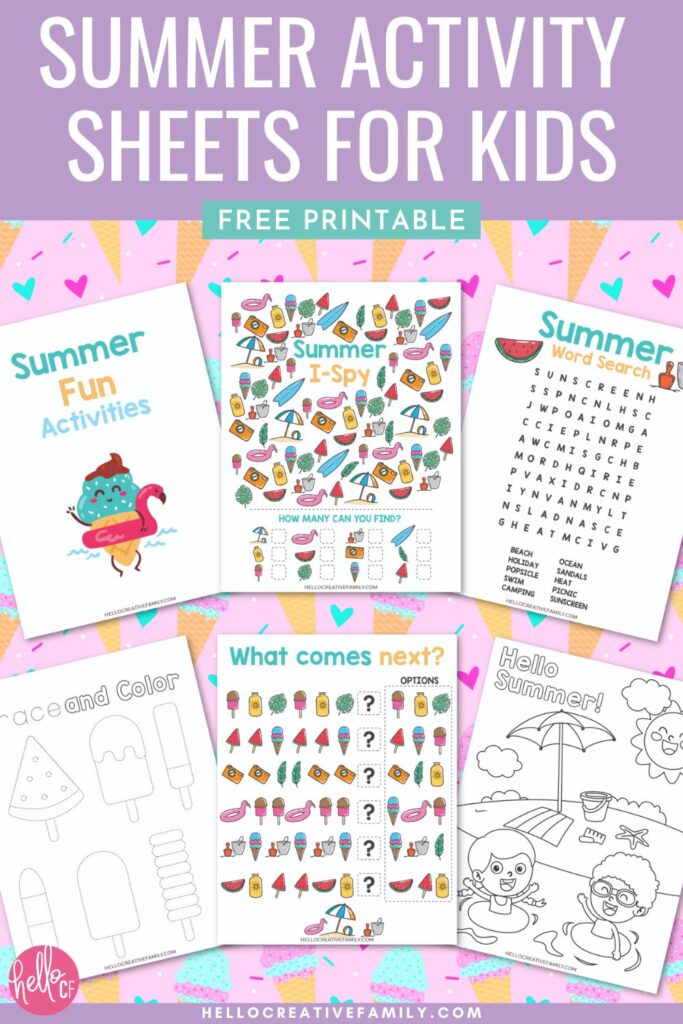 Keep kids entertained all summer long with these free printable summer activity sheets! Includes a word search, summer I-spy, tracing page, coloring sheet & pattern recognition worksheet. Print, laminate & use again and again&mdash;perfect for road trips, plane rides & screen-free fun!