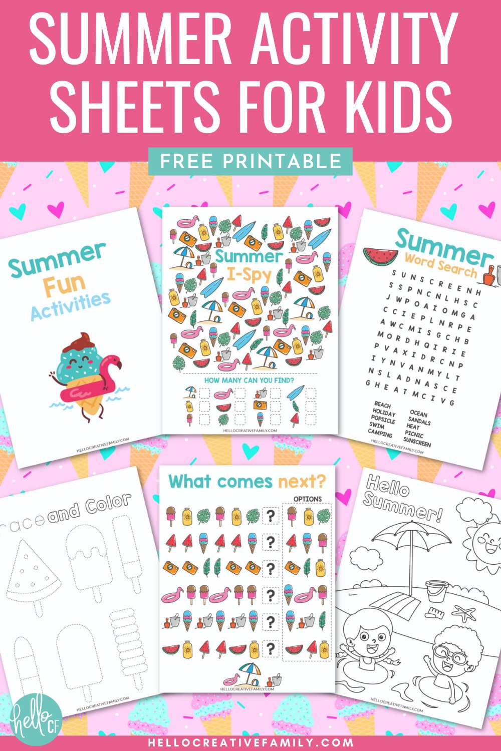 Keep kids entertained all summer long with these free printable summer activity sheets! Includes a word search, summer I-spy, tracing page, coloring sheet & pattern recognition worksheet. Print, laminate & use again and again&mdash;perfect for road trips, plane rides & screen-free fun!
