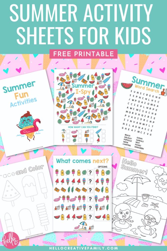 Keep kids entertained all summer long with these free printable summer activity sheets! Includes a word search, summer I-spy, tracing page, coloring sheet & pattern recognition worksheet. Print, laminate & use again and again&mdash;perfect for road trips, plane rides & screen-free fun!