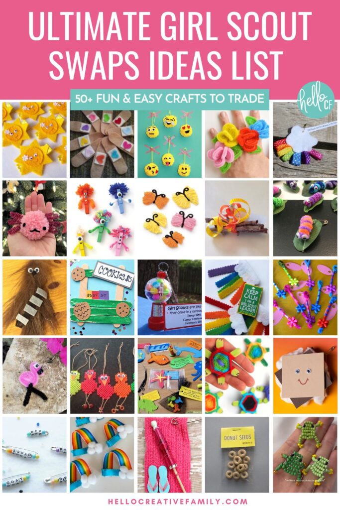 Collage of 50+ Girl Scout SWAPS ideas &ndash; fun & easy crafts for kids to make and trade at camp, cookie booths, or troop events.