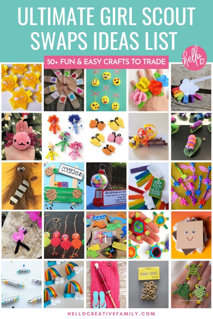 Photo collage of Girl Scout SWAPS crafts including mini animals, rainbows, emojis, and safety pin projects &ndash; fun ideas for kids to trade.