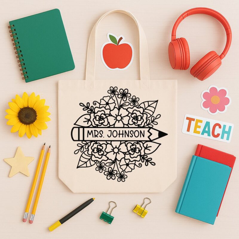 Teacher Tote Bag with a floral pencil design on front customized with a teacher's name. 