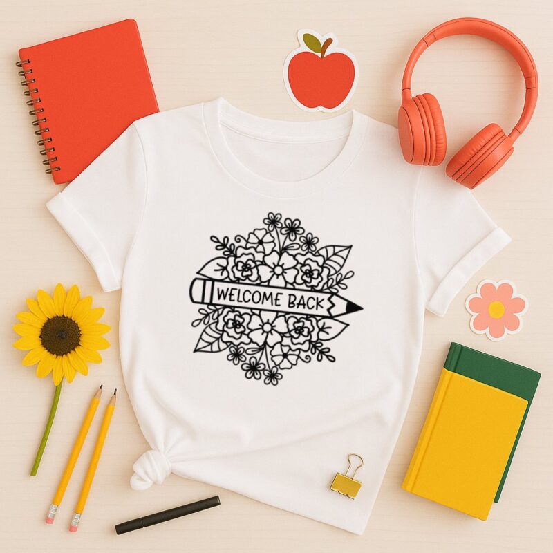 Flat lay image featuring a white t-shirt with a black floral pencil SVG design that says &ldquo;Welcome Back&rdquo; in the center. Surrounding the shirt are colorful school supplies including a red notebook, yellow and green books, orange headphones, a sunflower, two pencils, a black pen, a gold binder clip, and apple and flower stickers. The scene is set on a light wooden background, evoking a cheerful back-to-school vibe.