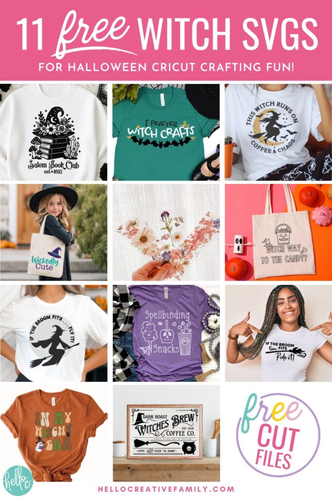 Collage graphic with the text “11 Free Witch SVGs for Halloween Cricut Crafting Fun” on a pink banner. Features eleven Halloween and witch-themed SVG designs displayed on shirts, tote bags, signs, and other mockups, including “Salem Book Club,” “I Practice Witch Crafts,” “This Witch Runs on Coffee and Chaos,” and more.