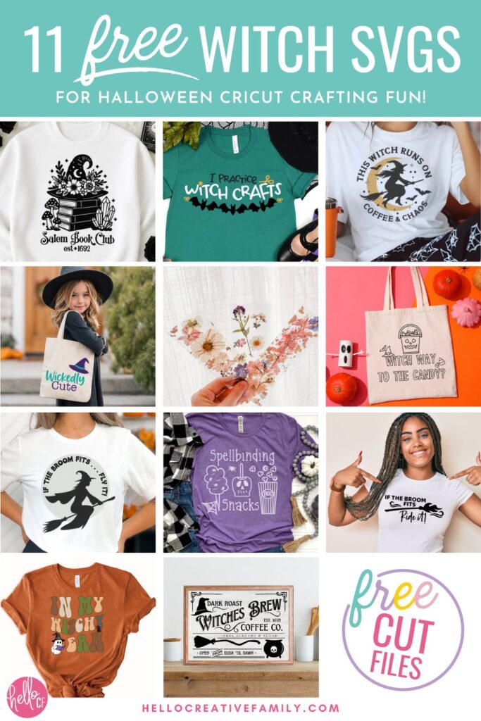 Collage graphic with the text “11 Free Witch SVGs for Halloween Cricut Crafting Fun” on a teal banner. Displays eleven witch-inspired SVG designs on apparel, tote bags, signs, and mockups, including the Salem Book Club sweatshirt and other Halloween-themed sayings.