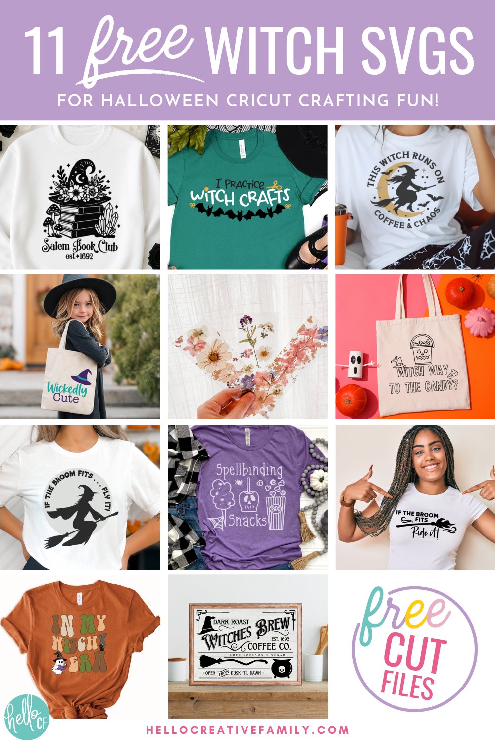 Collage graphic with the text “11 Free Witch SVGs for Halloween Cricut Crafting Fun” on a lavender banner. Shows a variety of witch and Halloween cut file designs on t-shirts, tote bags, and signs, including Salem Book Club, Wickedly Cute, Spellbinding Snacks, and Witch Way to the Candy.