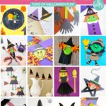 Vertical collage of Halloween witch crafts for kids, showing paper witches, popsicle stick witch puppets, paper hats, and printable cauldrons with the text overlay: &ldquo;20+ Witch Crafts Kids Will Love! Tons of Halloween Fun!&rdquo;