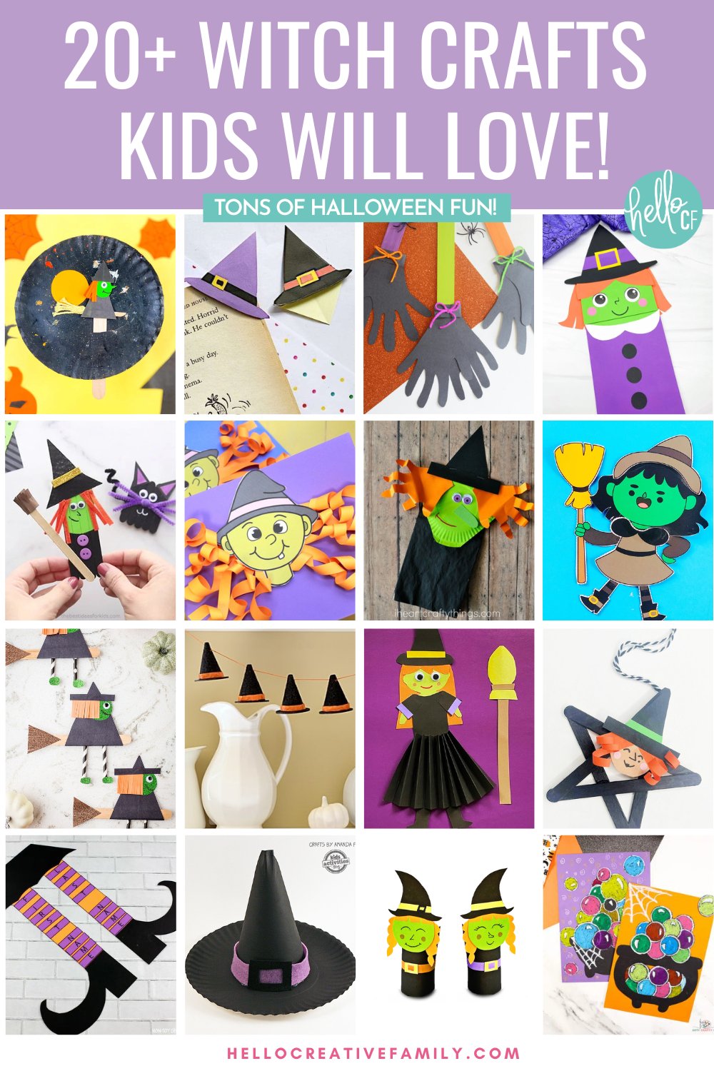 Tall vertical collage of Halloween witch crafts for kids, including witch hats, puppets, paper plate witches, and printable projects with the text overlay: &ldquo;20+ Witch Crafts Kids Will Love! Tons of Halloween Fun!&rdquo;