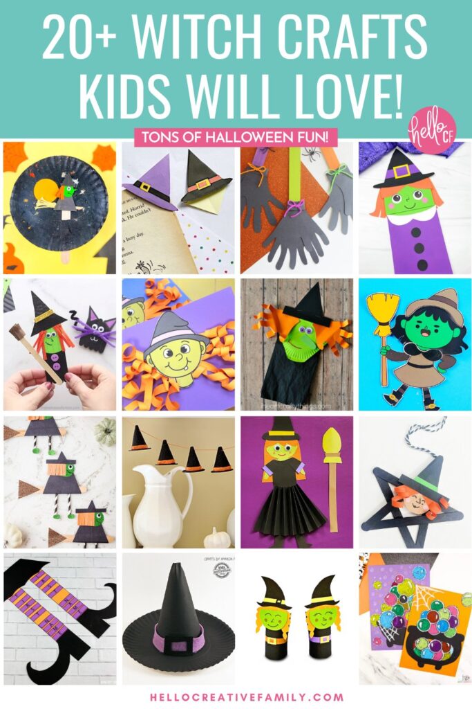 Vertical collage of Halloween witch crafts for kids, including popsicle stick witches, witch hat garlands, paper plate witches, and handprint broom crafts with the text overlay: &ldquo;20+ Witch Crafts Kids Will Love!&rdquo;